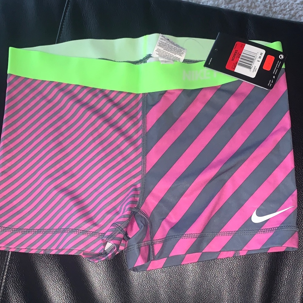 NWT Nike Pro Pink and Gray Striped Spandex Shorts